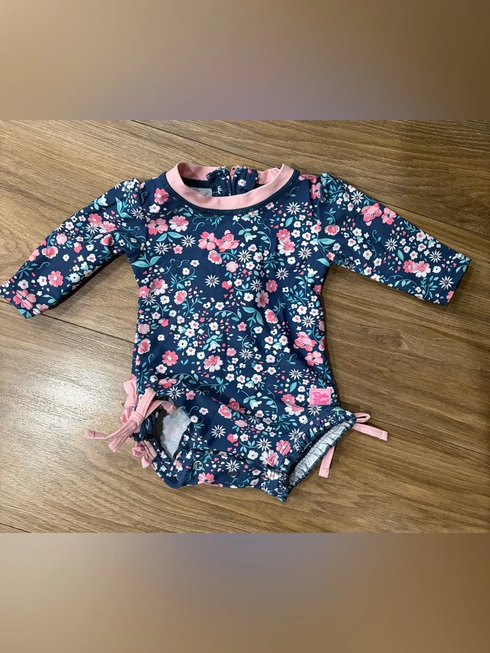 Ruffle Butts Navy & Pink Floral Long-Sleeve One-Piece Swimsuit